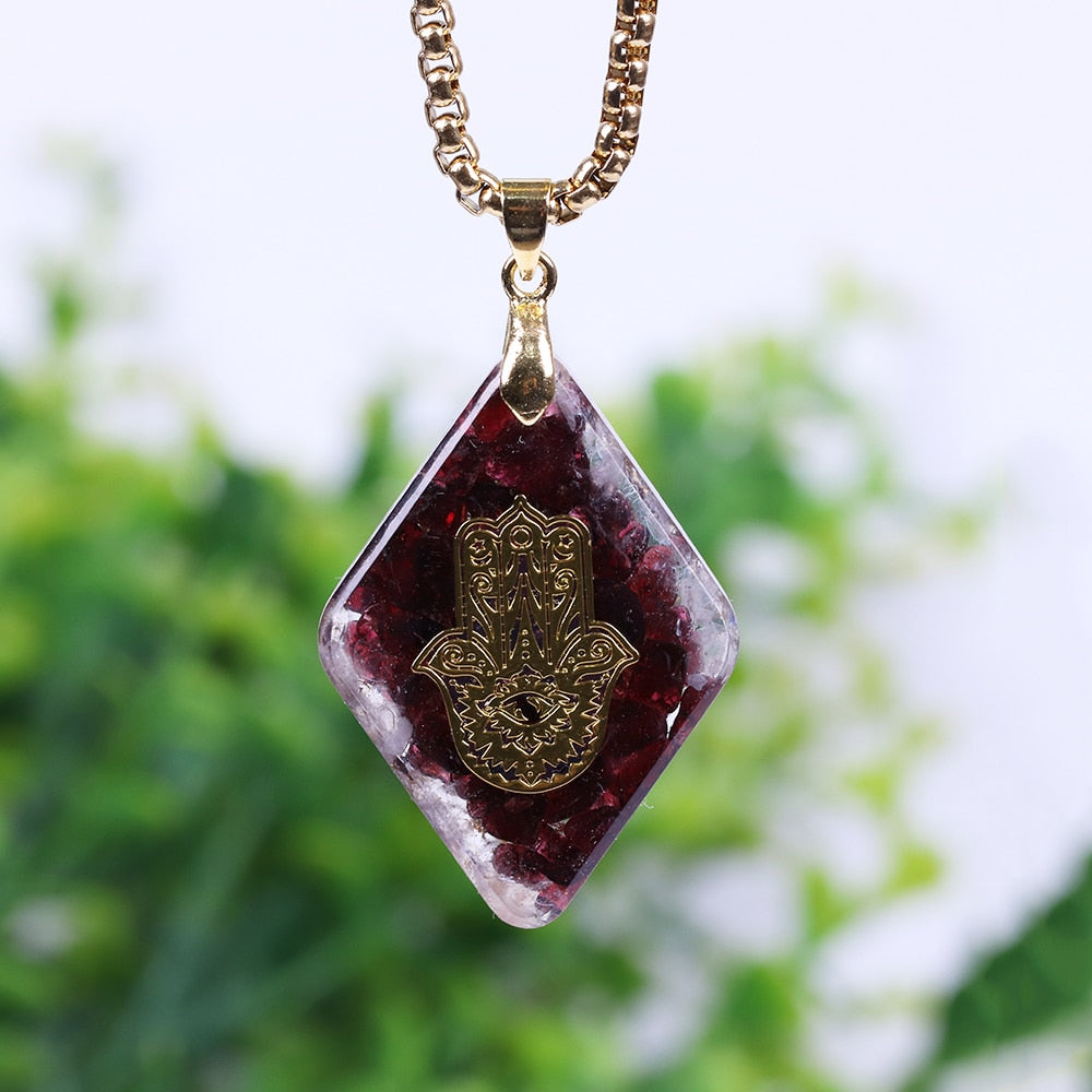 Orgonite Hamsa Natural Garnet Pendant